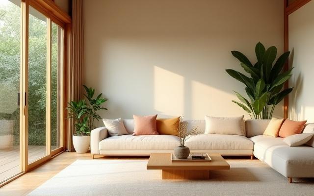和風のミニマリストスタイルに生まれ変わったリビングルーム。柔らかな色合いのソファ、低めの木製家具、生け花、自然光が溢れる窓が見える。