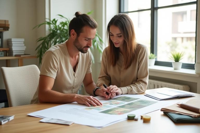 プロフェッショナルなインテリアデザイナーが、クライアントとの最初のお打ち合わせで意見を交換し、デザインプランの作成に取り組んでいます。