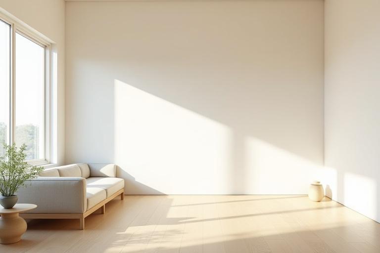 朝日が差し込む、広々としたミニマリストなリビングルーム。低いソファ、シンプルな木のテーブル、床に置かれた和風の鉢植えがある。